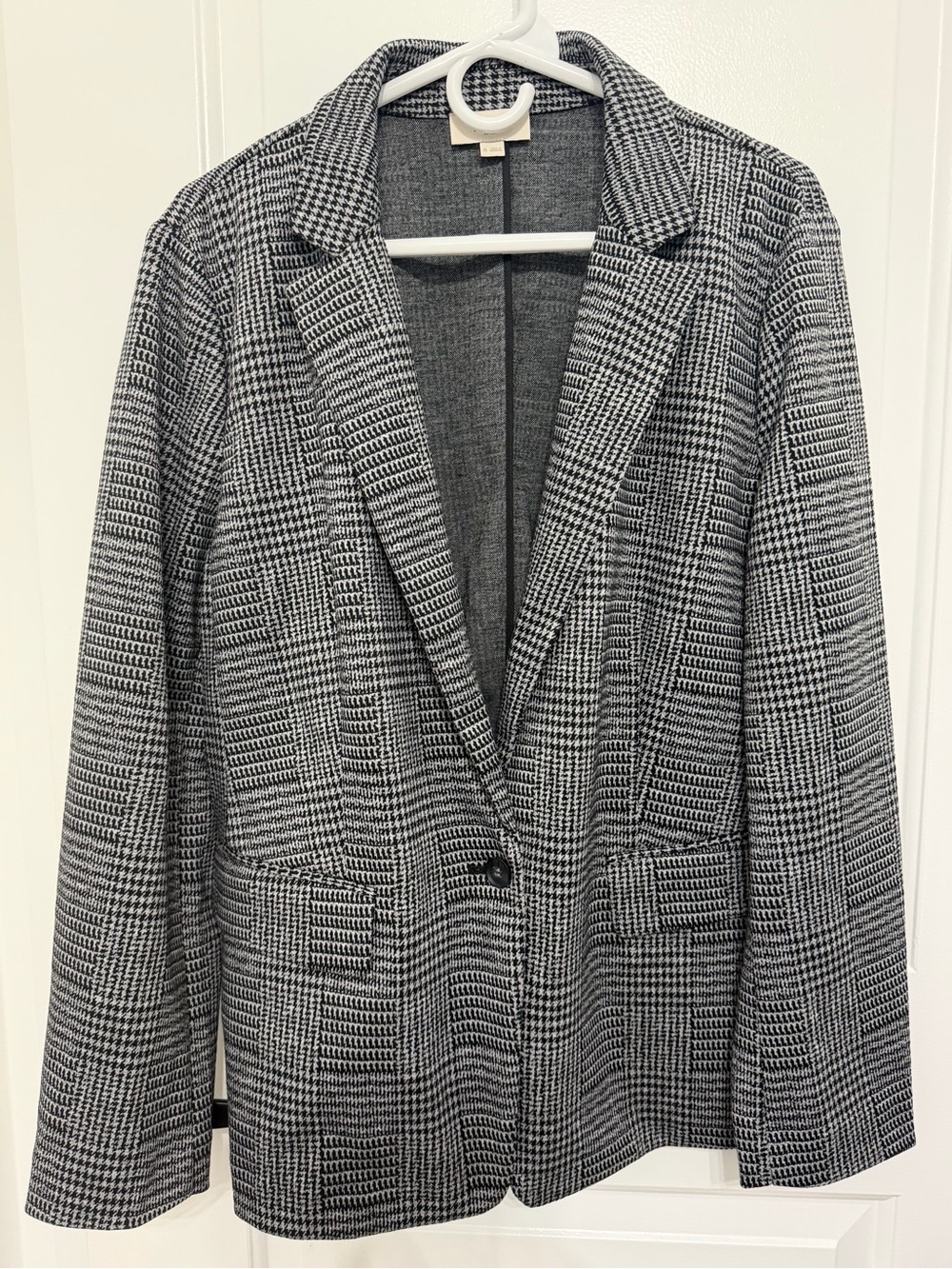 LOFT Gray Houndstooth Plaid One-Button Knit Blazer Jacket Sz XL